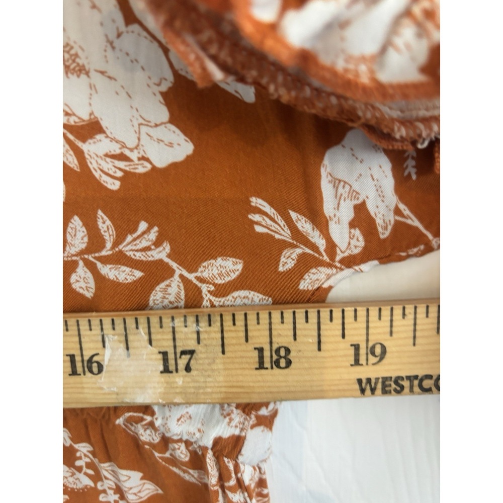 Floral Midi Dress M White Burnt Orange Boho Tiered V Neck Short Sleeve Tie Waist - Picture 4 of 11